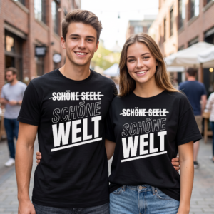 Cooles Spruch T-Shirt mit markantem "Schöne Welt" Print – Bild 1